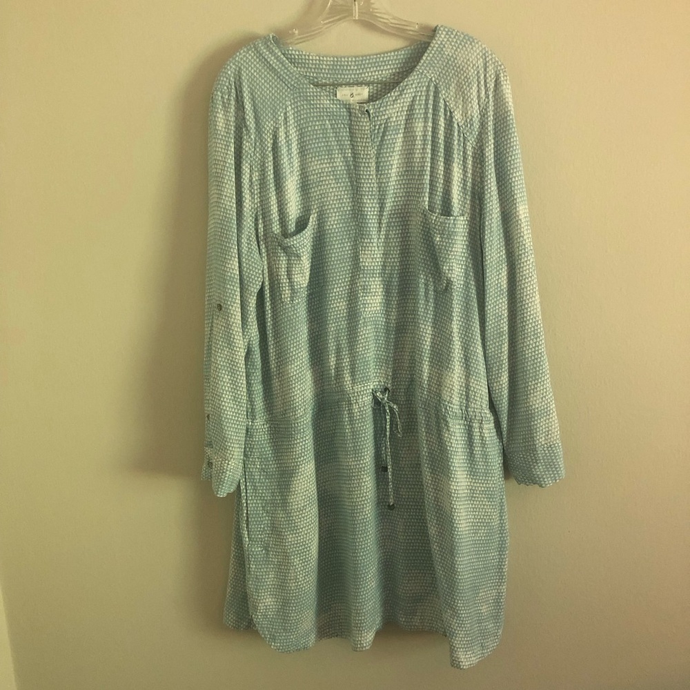 Loft Lou & Grey Plus Size Teal and Cream Triangle Print Long Sleeve Shirt Dress